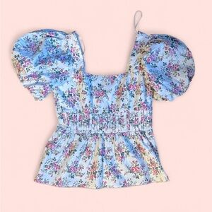 COPY - Cream Smocked Blouse with Ruffled Hem and Short Puff Sleeves